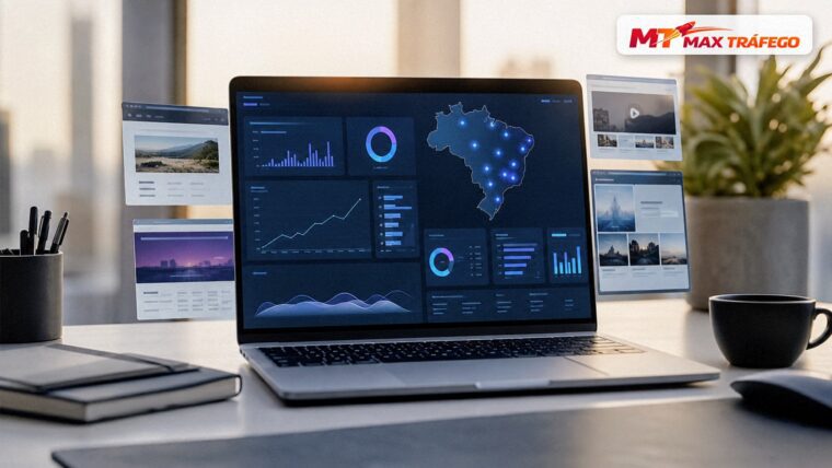 MaxTráfego oferece painel para configurar visitas, regiões, origens e tempo de permanência em projetos digitais.