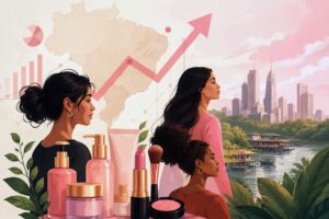 Ilustração do crescimento do mercado de cosméticos no Brasil, com produtos de beleza, gráfico ascendente e representação da expansão no Norte e Amazônia, destacando empreendedorismo feminino e marcas emergentes.