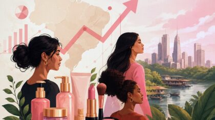 Ilustração do crescimento do mercado de cosméticos no Brasil, com produtos de beleza, gráfico ascendente e representação da expansão no Norte e Amazônia, destacando empreendedorismo feminino e marcas emergentes.