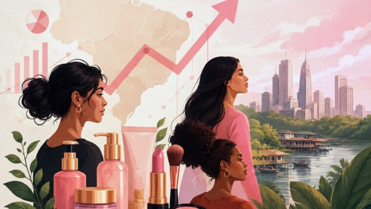 Ilustração do crescimento do mercado de cosméticos no Brasil, com produtos de beleza, gráfico ascendente e representação da expansão no Norte e Amazônia, destacando empreendedorismo feminino e marcas emergentes.